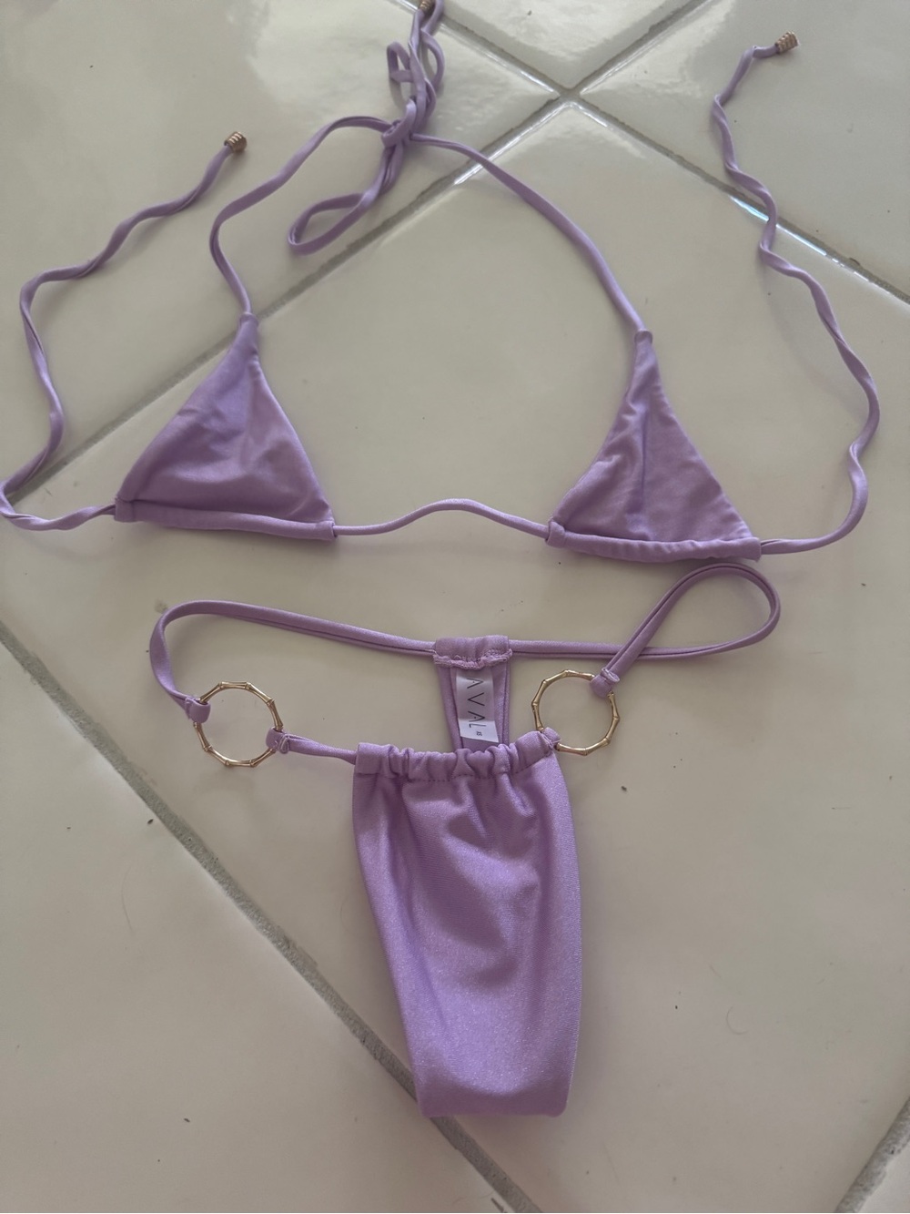 Lilac Triangle String Bikini Set with Gold Rings - Picture 2 of 7